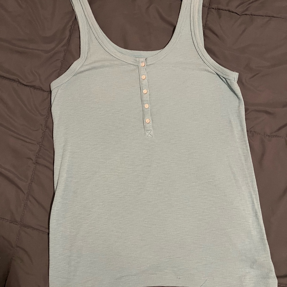 Women’s Aerie Scoop Neck Ribbed Tank Top with Button Placket - Light Blue